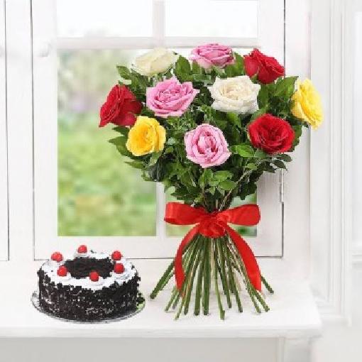 Black Forest And Multi Colour Roses Combo